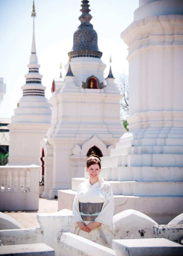 Photo: Boontawee Russameen/City Life Chiang Mai. White on white: Japan’s first foreign geisha, Sayuki, visits a temple in Chiang Mai