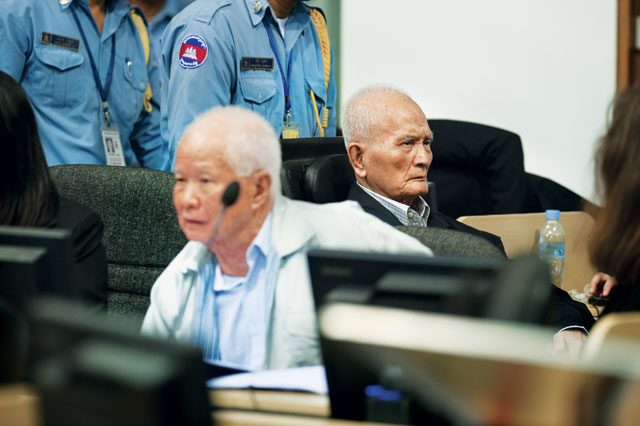 Opposing views: former Khmer Rouge head of state Khieu Samphan (left) and ‘brother number two’ Nuon Chea in the Trial Chamber of the Extraordinary Chambers in the Courts of Cambodia