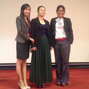 Sum Dany (left), Phat Sreytouch (middle) and Bunn Rachana at the award ceremony in Phnom Penh today. Photo: Logan Connor