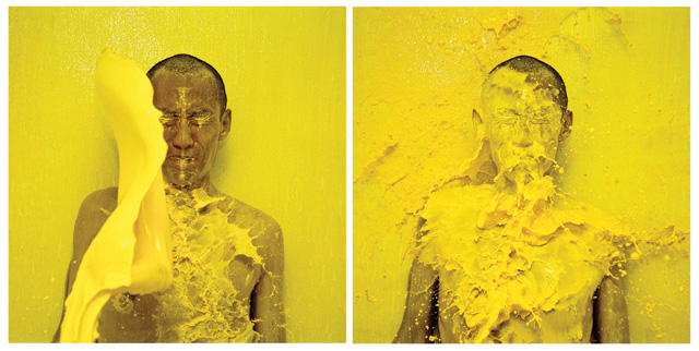 Yellow man: “Splash! #7 and #8” by contemporary Singaporean artist Lee Wen, who is well known for performance art and his Journey Of A Yellow Man series