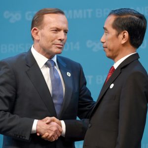 G’day, mate: Australian Prime Minister Tony Abbott (left) shakes hands with President Joko Widodo of Indonesia at the 2014 G20 summit in Brisbane