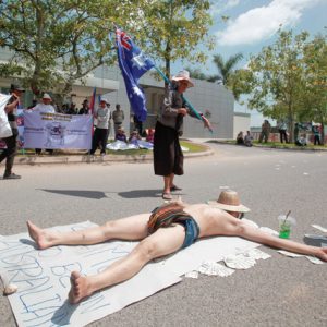 No cover up: a protest against the settlement of refugees in Cambodia was held outside the Australian embassy in Phnom Penh last October. Pring Samrang/Reuters