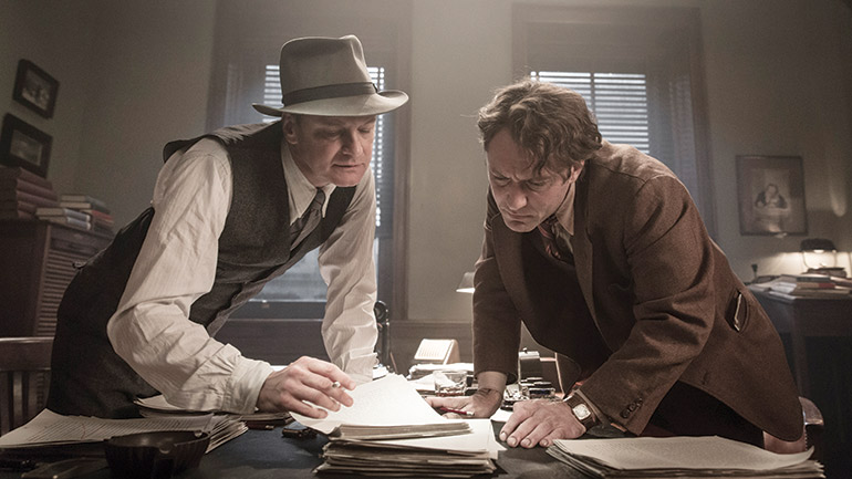 Colin Firth and Jude Law as editor Max Perkins and writer Thomas Wolfe in Genius.