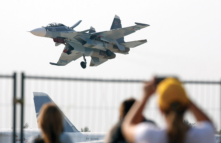 A Russian-made aircraft performs at a Moscow air show in 2015