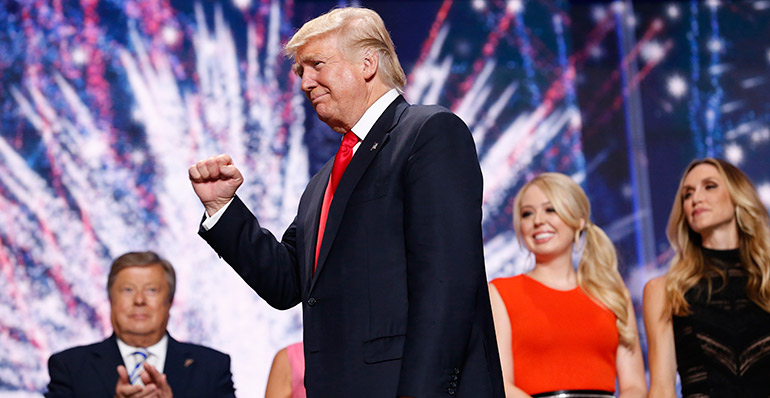 Republican Presidential nominee Donald Trump after his speech on the final day of the 2016 Republican National Convention at Quicken Loans Arena in Cleveland, Ohio, USA, 21 July 2016.