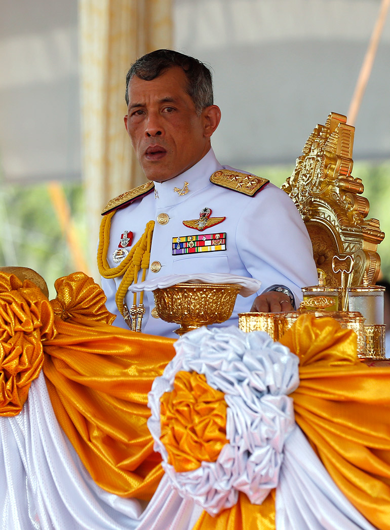 Thai Crown Prince Maha Vajiralongkorn presiding over the Royal Ploughing Ceremony at the Royal Ground, Sanam Luang near the Grand Palace in Bangkok, Thailand