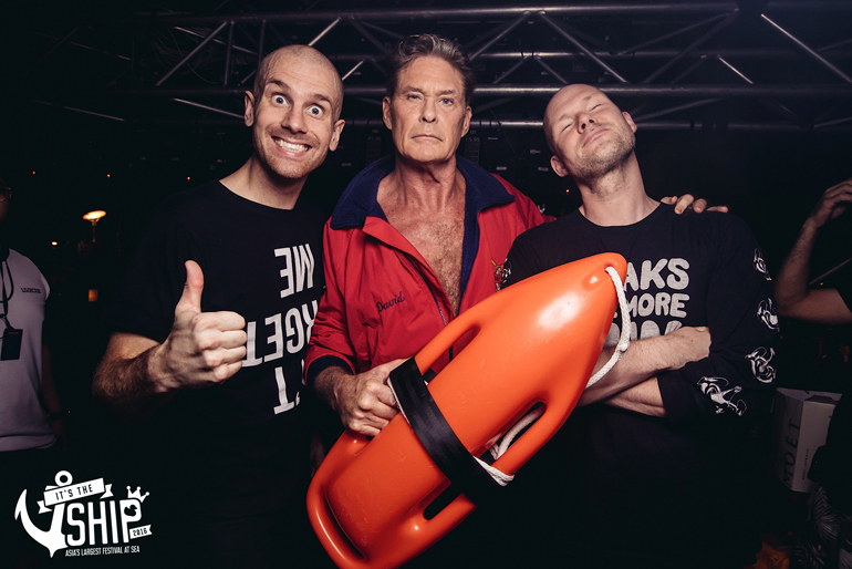 Photo: The DJs behind Dada Life pose for a photograph with celebrity David Hasselhoff on Its The Ship