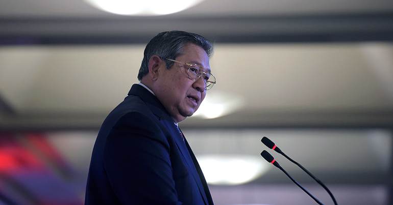 Former Indonesian President Susilo Bambang Yudhoyono delivers a keynote speech at the Australian Strategic Policy Institute (ASPI) Defence White Paper conference in Canberra, Australia