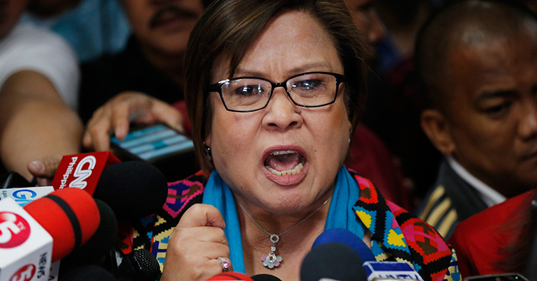 Filipino Senator Leila De Lima speaks during a press conference at the Philippine Senate in Pasay City, south of Manila, Philippine