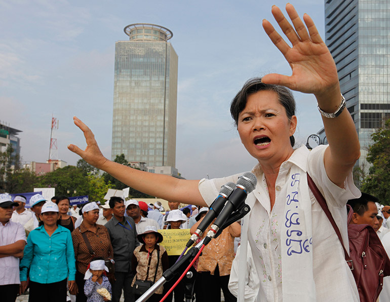 Cambodian opposition politician Mu Sochua speaks during a gathering in Phnom Penh, Cambodia