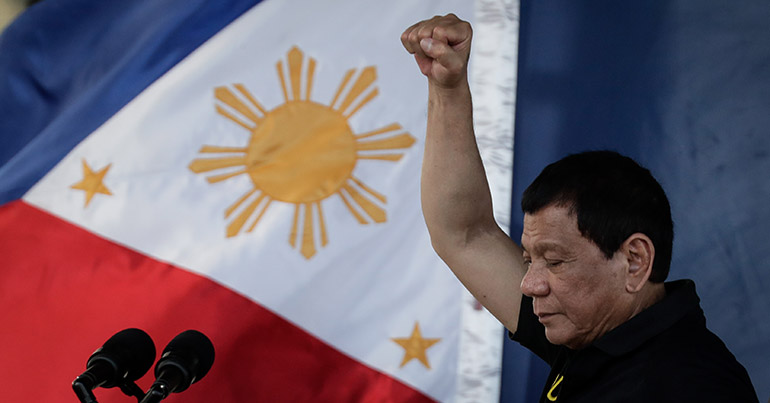 Philippine President Rodrigo Duterte gestures during the groundbreaking ceremony of a drug rehabilitation center in the province of Bukidnon, Northern Mindano, Philippines