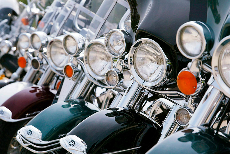 A file photo dated 28 August 2003 showing Harley-Davidsons parked near the Milwaukee Museum of Art on the shores of Lake Michigan. Photo: EPA/Shawn Thew