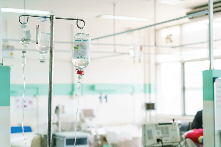 IV drips above a hospital bed at the Khmer Soviet Friendship Hospital in Phnom Penh. Photo: Sam Jam