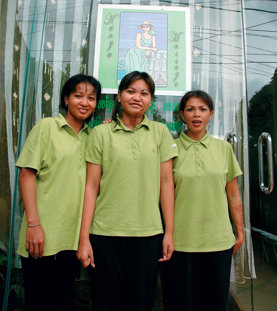 (Left to right) Srey Oun,  Srey Rany, and Srey Sokhom overcame their shared trauma to start the Kanya Massage clinic in Toul Kok, Phnom Penh