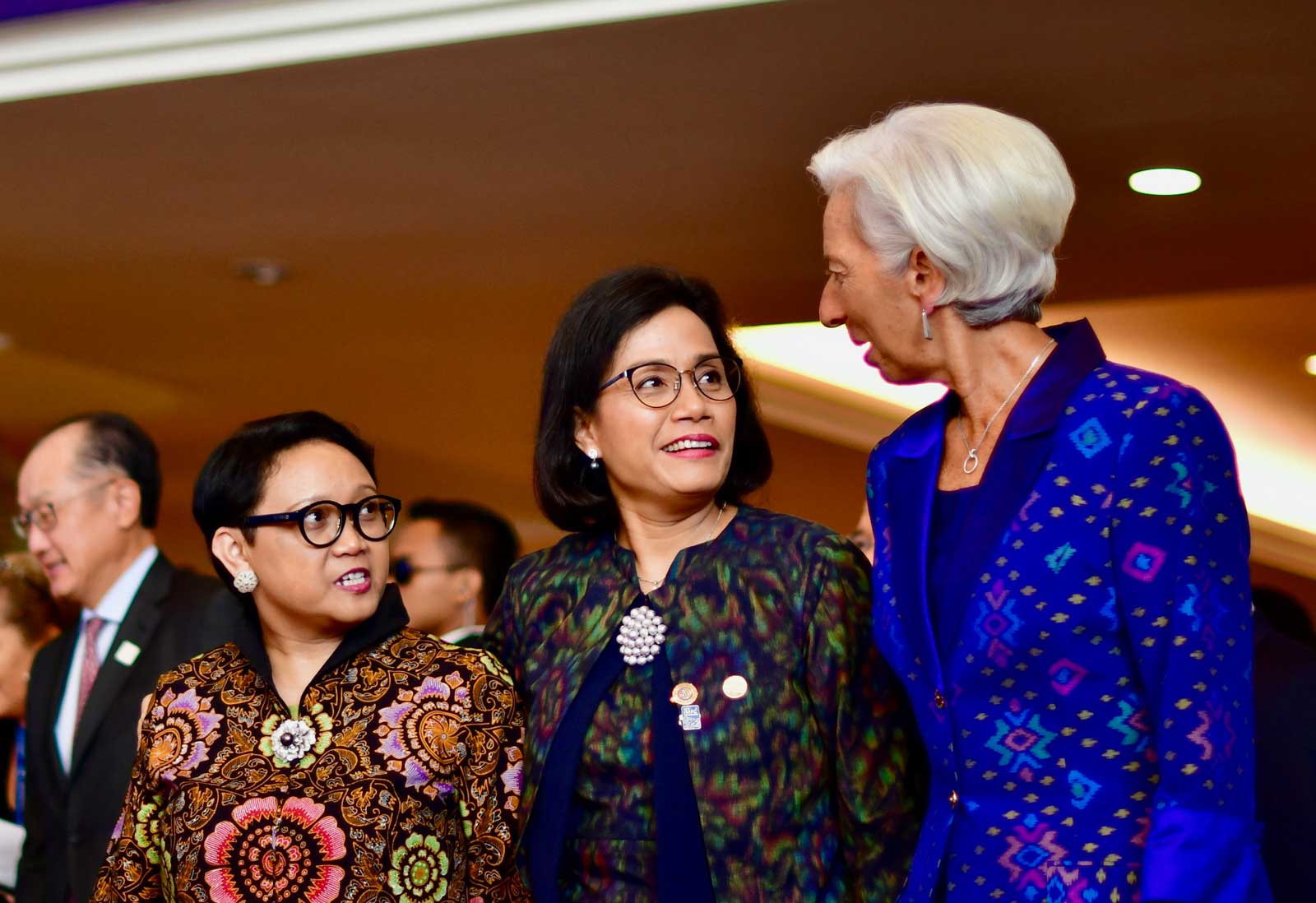 Indonesian Finance Minister Sri Mulyani Indrawati (c)  pictured alongside Foreign Minister Retno Marsudi and former International Monetary Fund Managing Director Christine Lagarde, during the IMF/World Bank annual meetings held on the Indonesian island of Bali in October 2018  