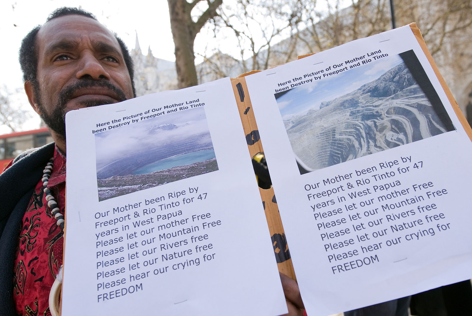 Benny Wenda, leader of the West Papuan Independence Movement, protests outside the QE2 centre in central London, as Anglo-Australian mining company Rio Tinto holds it's annual general meeting on April 15, 2010.