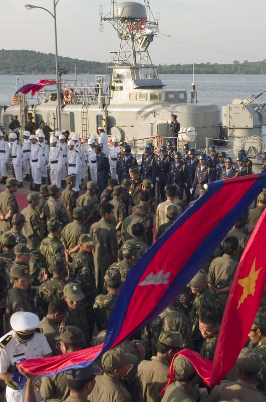 Cambodian navy during a handover ceremony at Riem Cambodian navy base in January 2006 as the Vietnamese government donated two warships. EPA/Heng Sinith