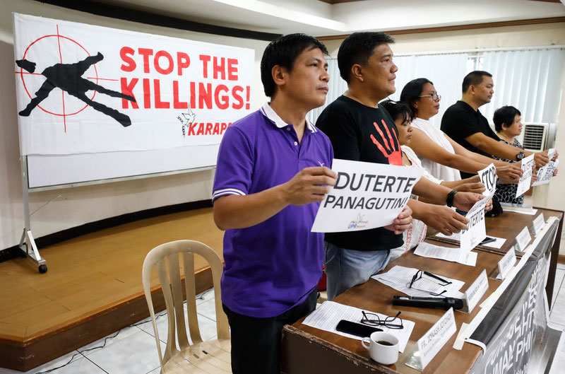 Human rights groups against extrajudicial killings at a press conference in Quezon City on 12 July 2019, the day after the United Nations Human Rights Council voted to adopt a resolution that seeking international review of the Philippine government's war on drugs. Photo: EPA-EFE/Rolex Dela Pena