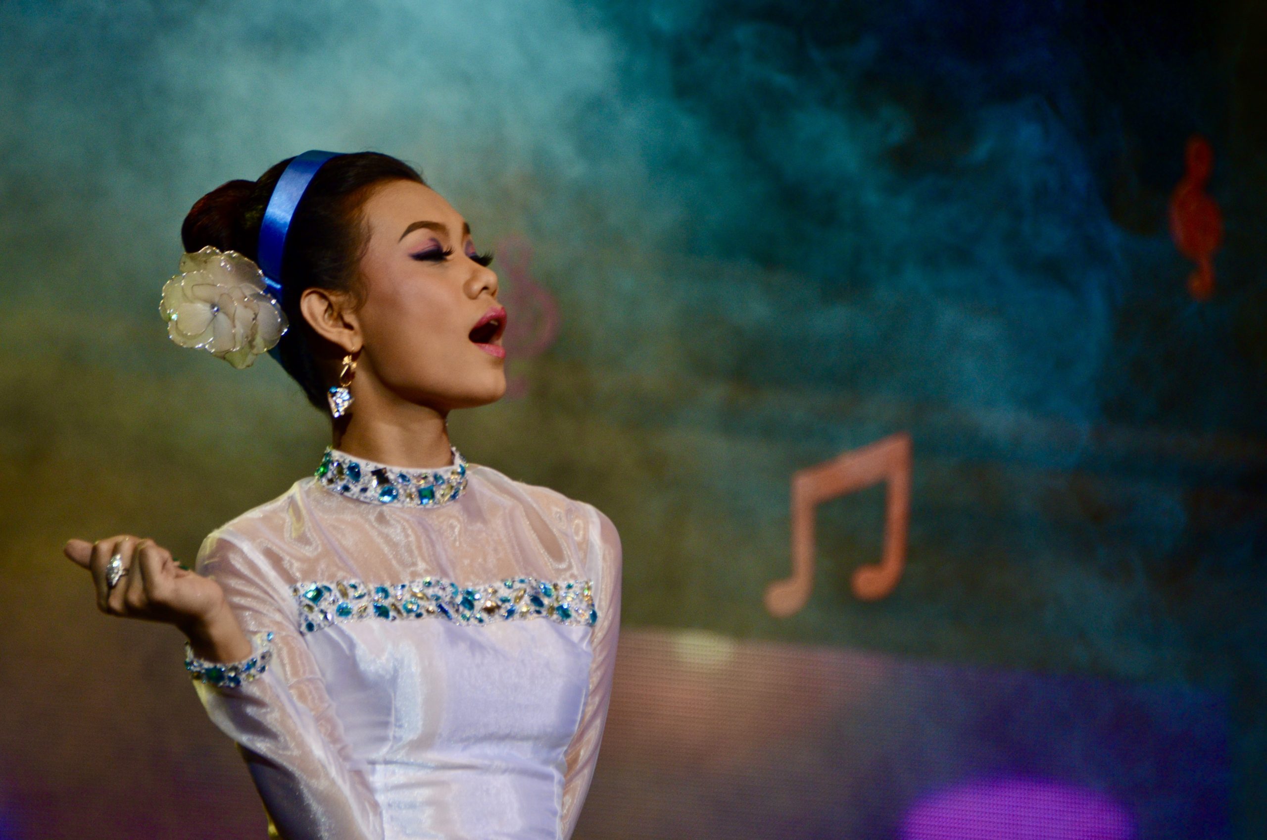 Singer Ah Moon, a Kachin from the north of Myanmar, performs in Yangon in 2013. Photo: Simon Roughneen