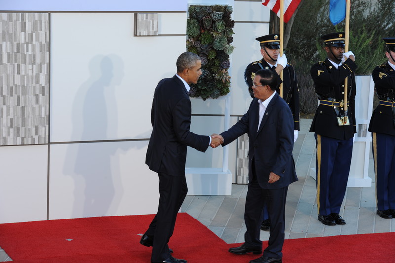 Then-U.S. President Barack Obama greets Cambodia's Prime Minister Hun Sen at the US-ASEAN Summit at Sunnylands, California, February 2016. Photo: EPA/Ned Redway