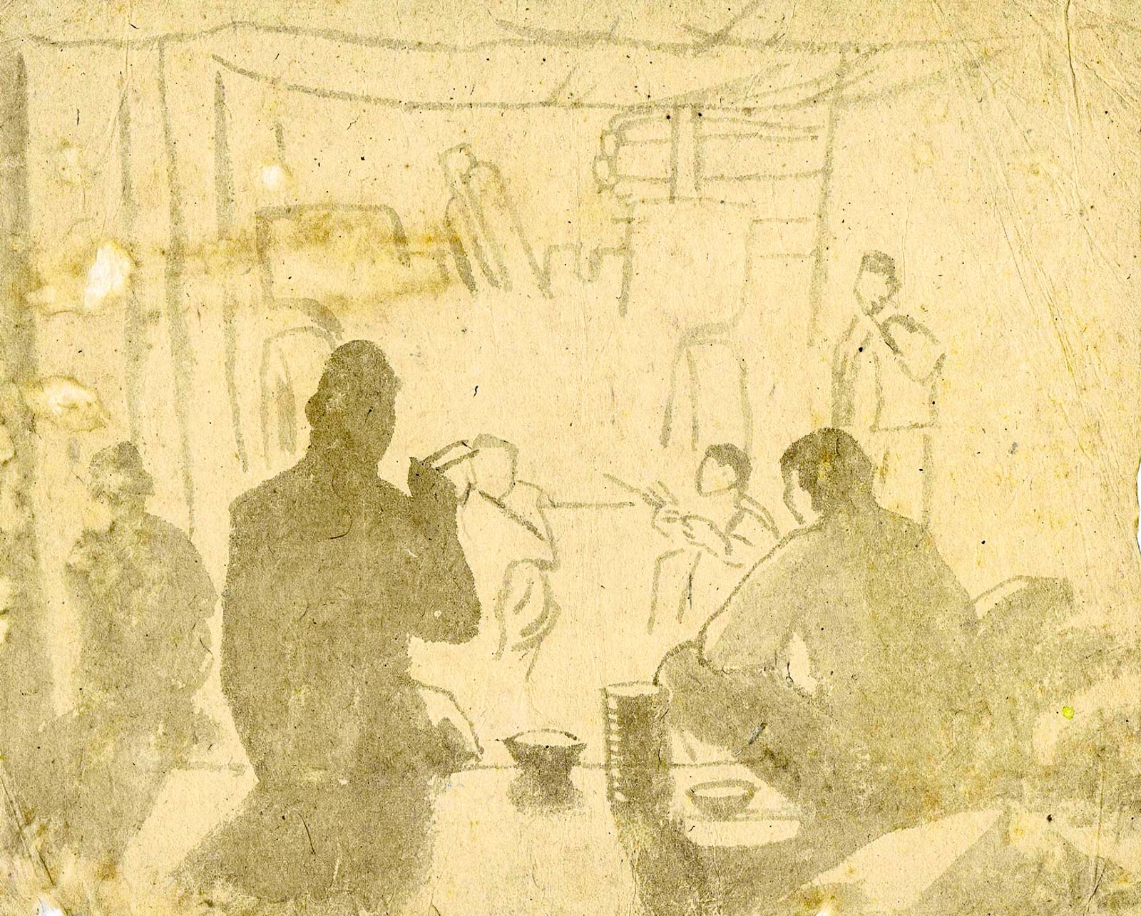 Sketch of soldiers eating in a bunker at Dien Bien Phu