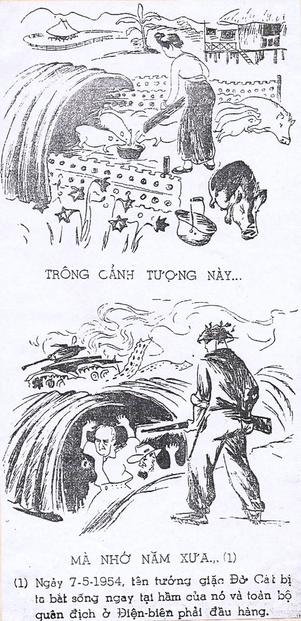 Newspaper strip of a Vietnamese farmer using a French bunker as a pig sty