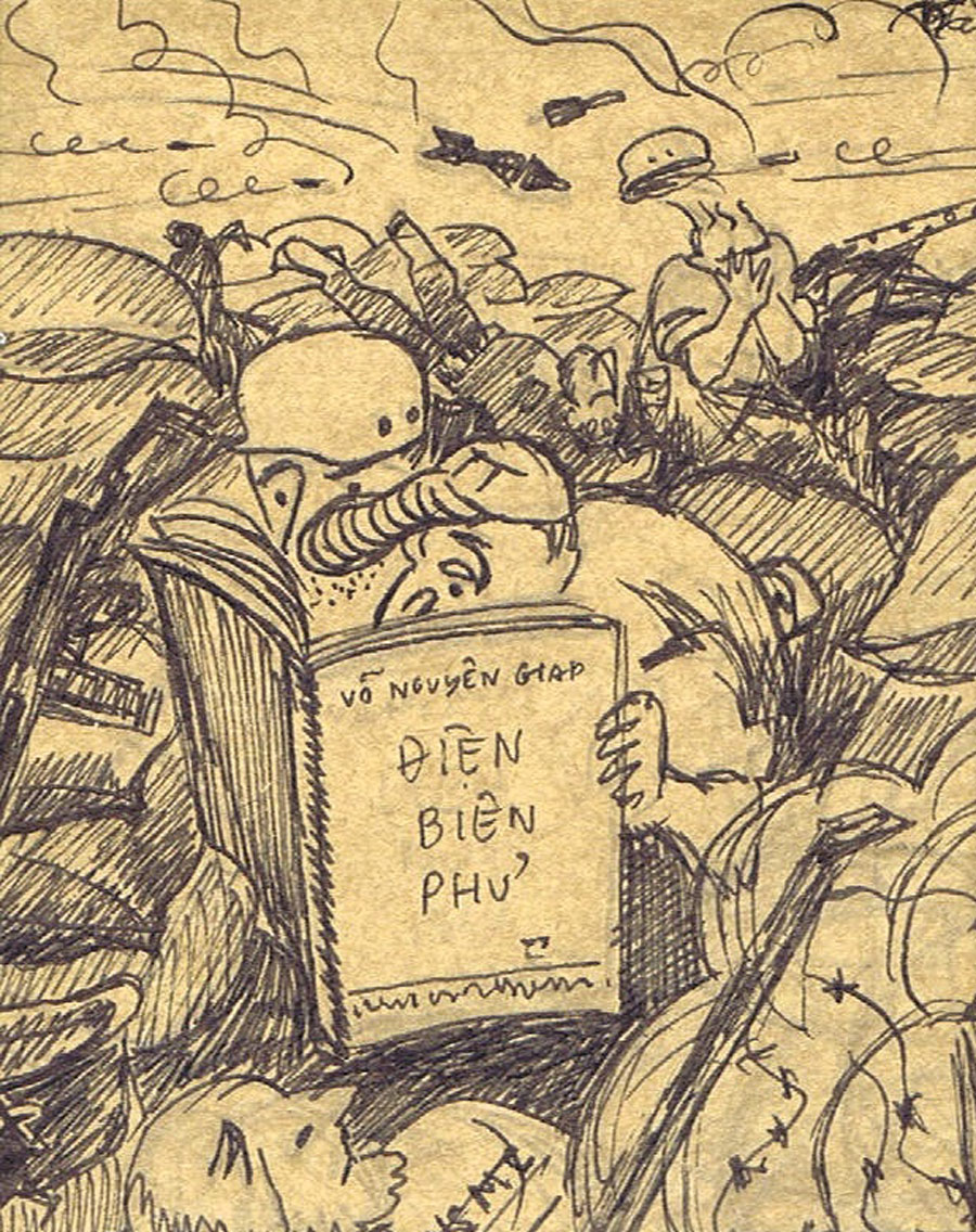 Cartoon of American GIs reading the Dien Bien Phu “handbook”