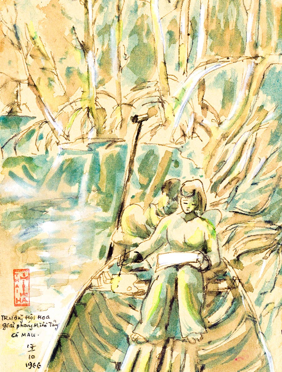 Thái Hà painting of a girl in a boat in a Ca Mau mangrove forest